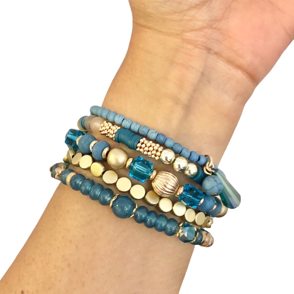 Beaded Stack Stretch Bracelets- Teal